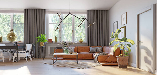 современный жилой интерьер. Концепция 3D рендеринга
