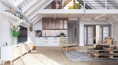 Modern kır evi iç mimarisi. 3d tasarım konsepti çizimi