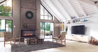 Modern kır evi iç mimarisi. 3d tasarım konsepti çizimi