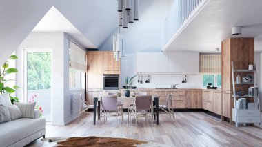 Modern mutfak iç mimarisi. 3d tasarım kavramı