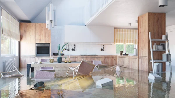 Kitchen Flooding Interior Rendering Concept — Stock Photo, Image