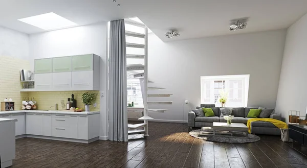 Modern Zolder Wooninterieur Rendering Concept Idee — Stockfoto