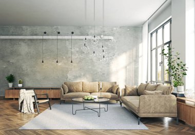 Modern oturma odasının içi. 3d hazırlama tasarımı