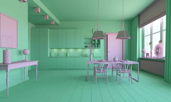绿色和紫色厨房内部 3D渲染概念概念 — 图库照片