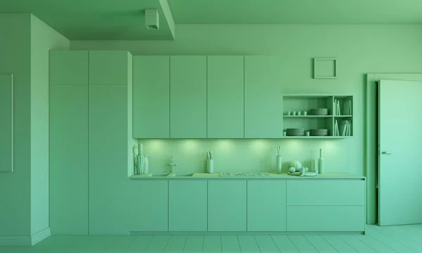 Interno Cucina Verde Concetto Rendering Idea — Foto Stock