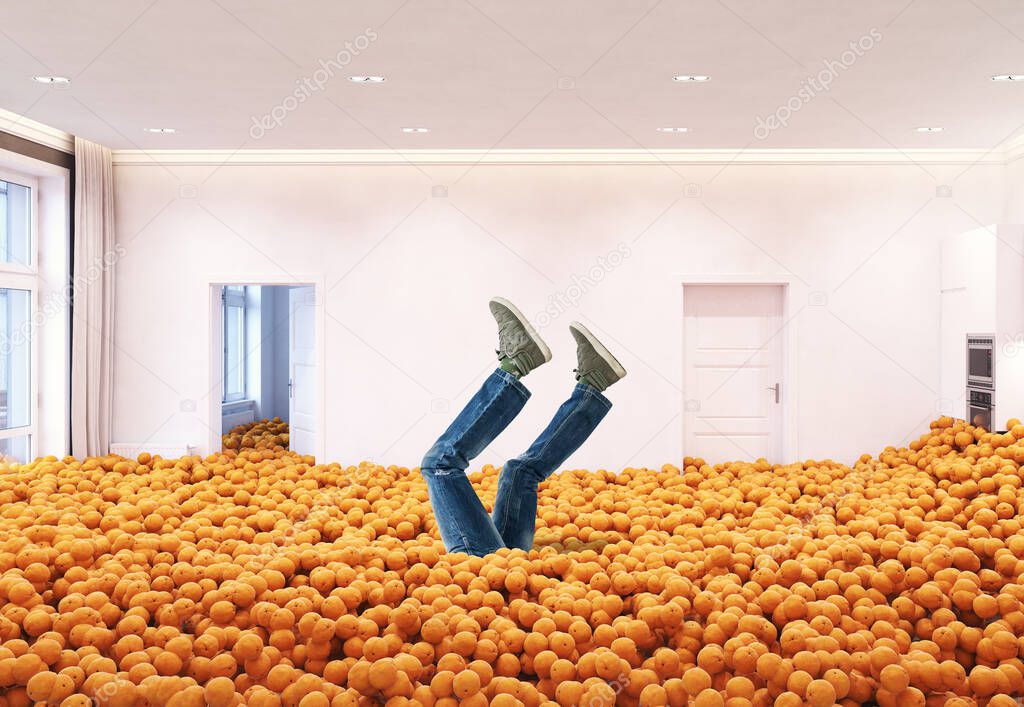 Stack  the oranges in the room. 3d creative  illustration