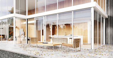 Modern evin dış görünüşü. 3B tasarım