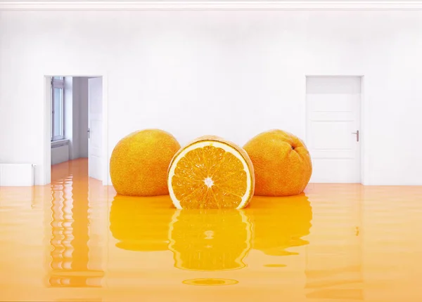 oranges in the room. 3d creative  illustration