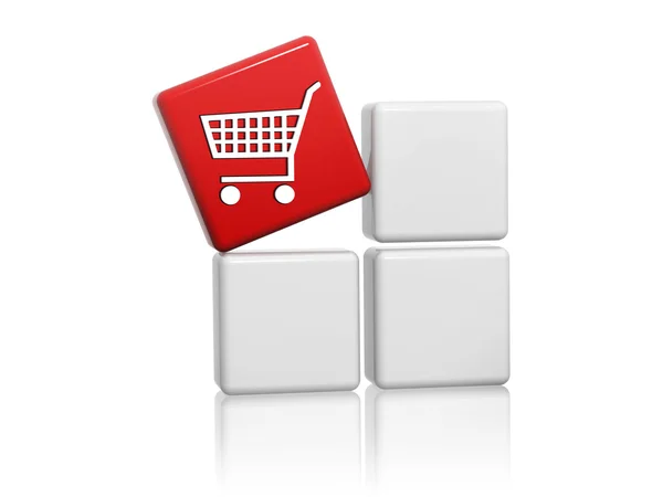 Cubo rojo con letrero de carrito de compras en cajas —  Fotos de Stock