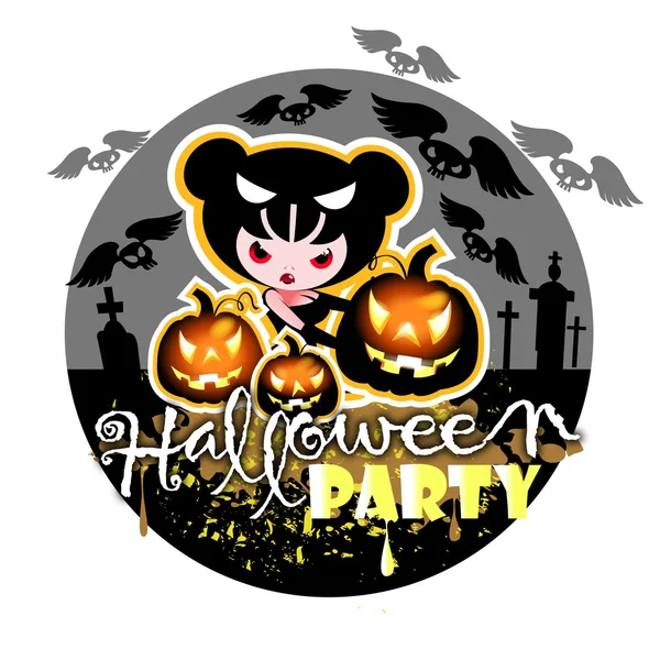 Carte Halloween avec sorcière, citrouille et chauve-souris — Photo