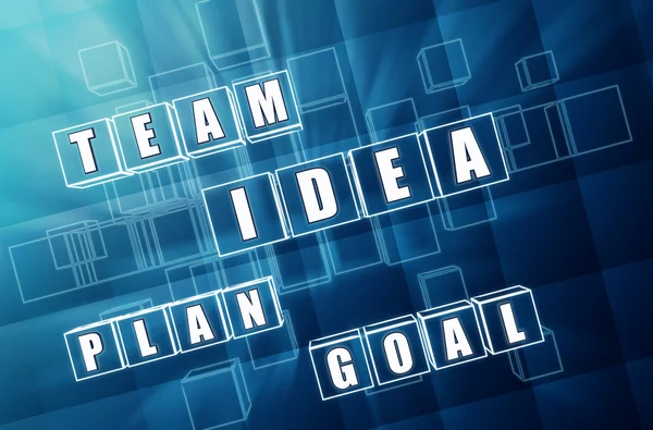 Idea, team, plan, goal in blue glass blocks — Stock Photo, Image