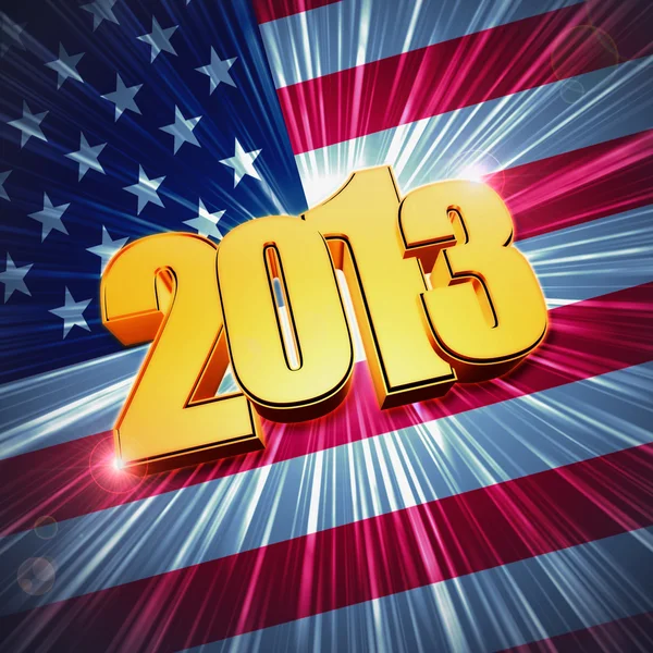 Zlatá čísla rok 2013 nad zářící americká vlajka — Stock fotografie