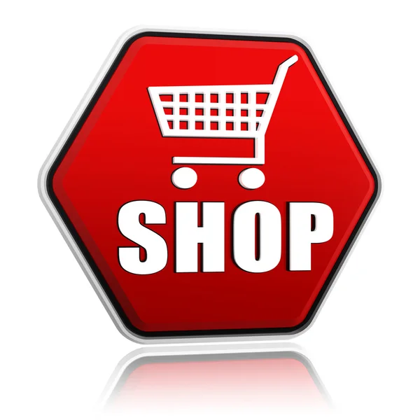 Carrinho de compras sinal com palavra loja banner hexágono — Fotografia de Stock