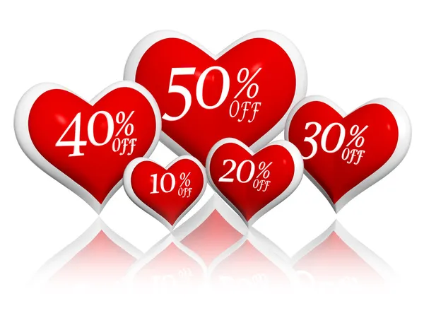 Different percentages off discount in red hearts banners — Stock Photo, Image