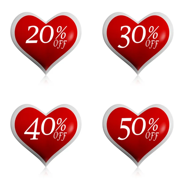 Different percentages off discount in red hearts buttons — Stock Photo, Image