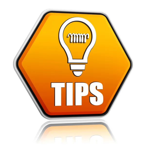Tips och lampa symbol i orange hexagon banner — Stockfoto