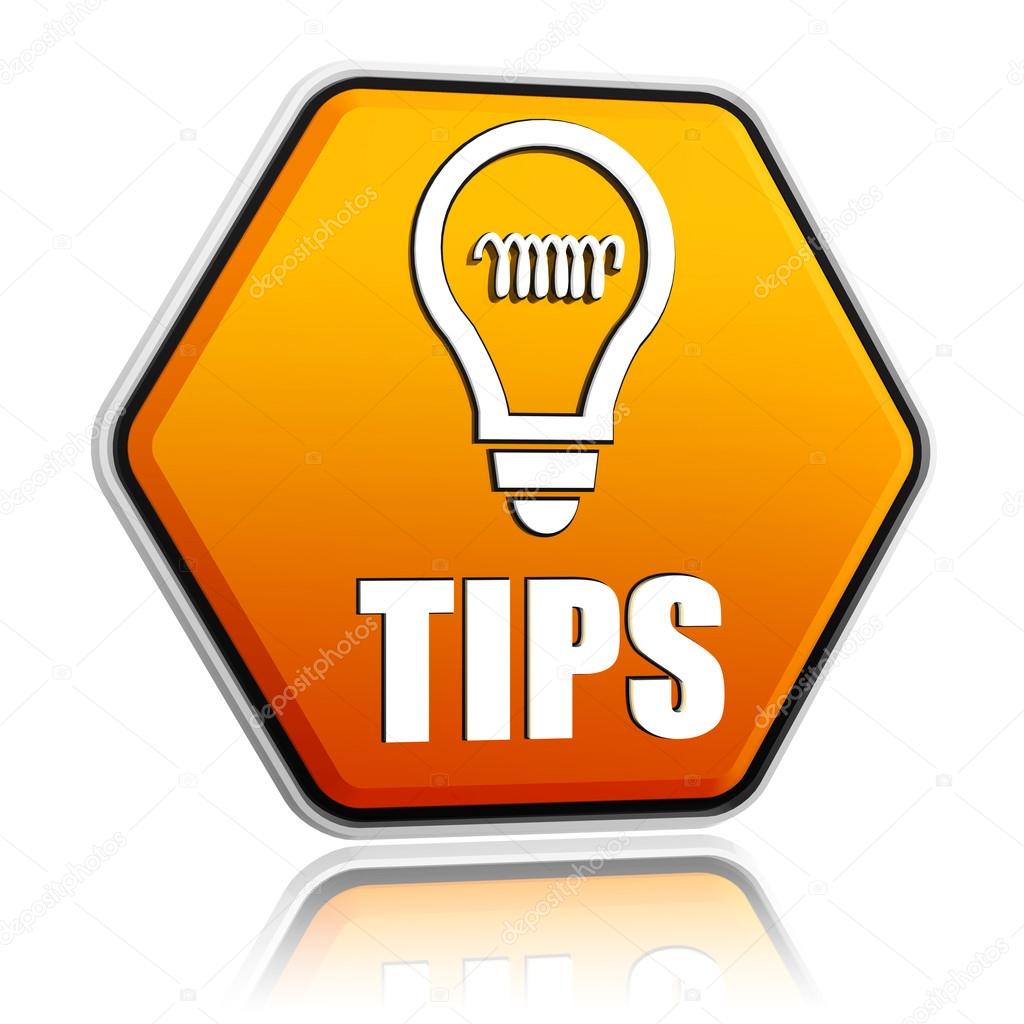 tips and bulb symbol in orange hexagon banner
