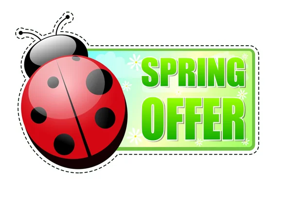 Spring offer green label with ladybird — стоковое фото