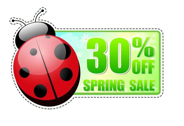 30% off vendita primavera etichetta verde con coccinella — Foto Stock