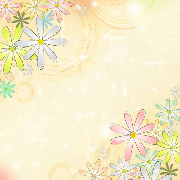 円とベージュの古い紙の背景上の春の花 — ストック写真