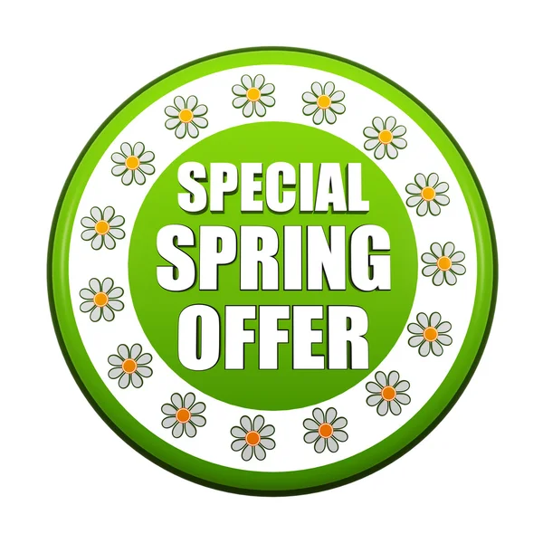 Special spring offer green circle label with flowers — Stock Photo, Image