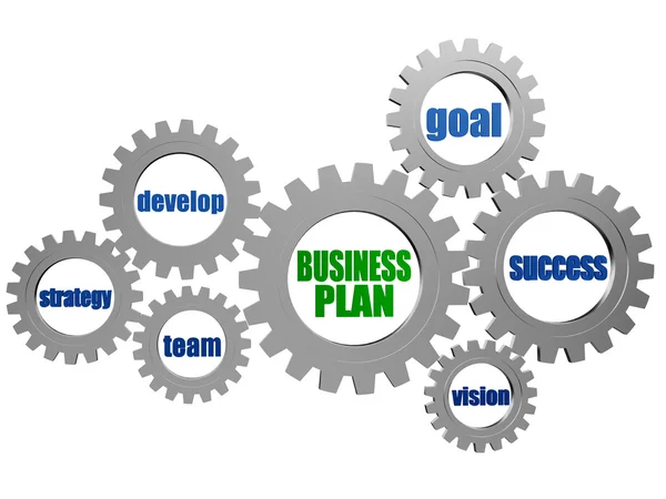 Business plan and concept words in silver grey gearwheels — Stock Photo, Image