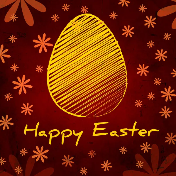 Feliz Pascua y huevo amarillo sobre fondo de papel viejo marrón con — Foto de Stock