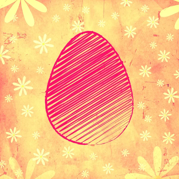 Pink easter egg over yellow old paper background with flowers — Stock Photo, Image