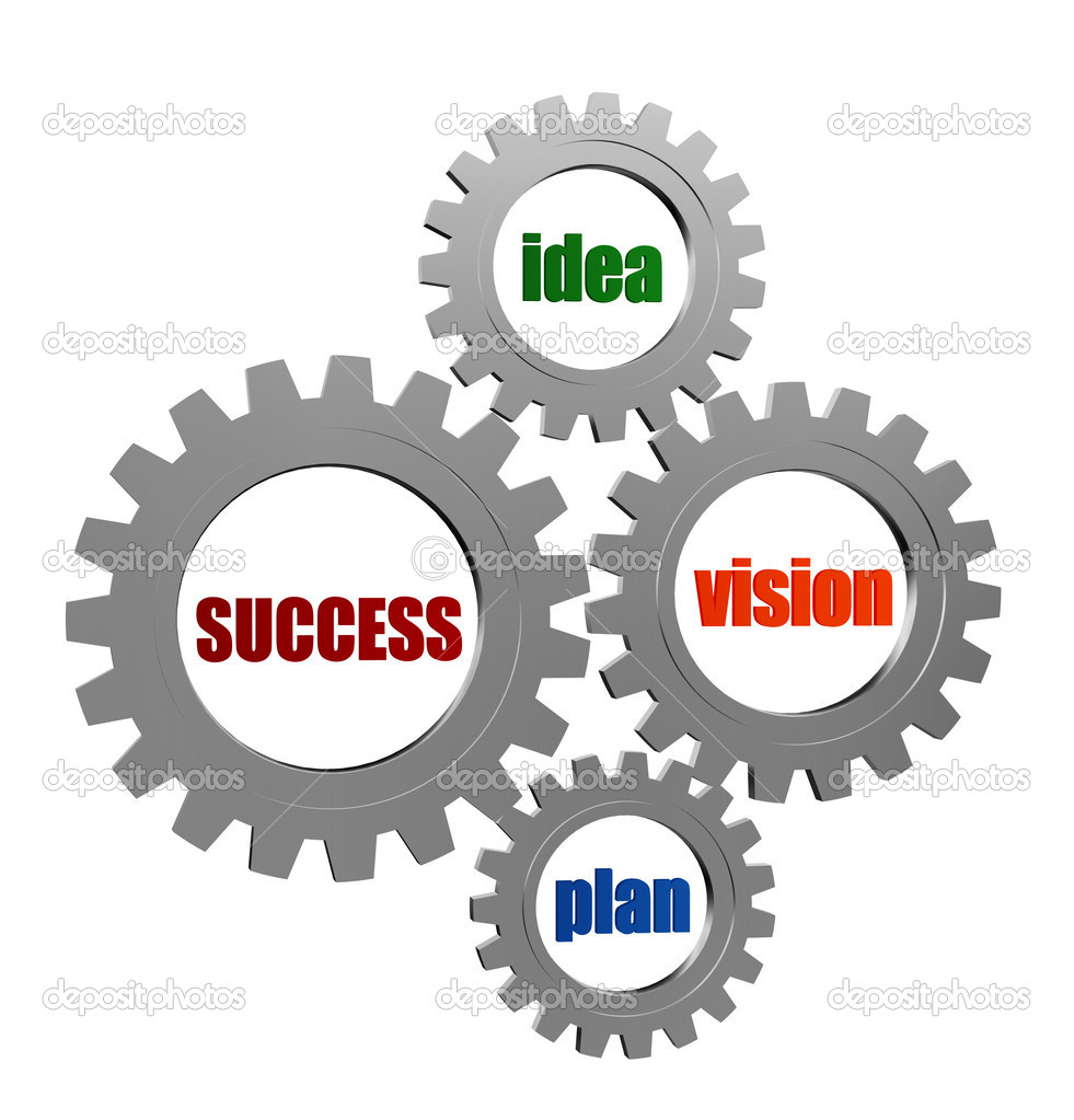 success, idea, vision, plan in silver grey gearwheels