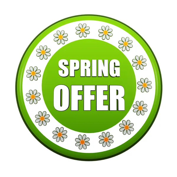 Spring offer green circle label with flowers — Stock Photo, Image