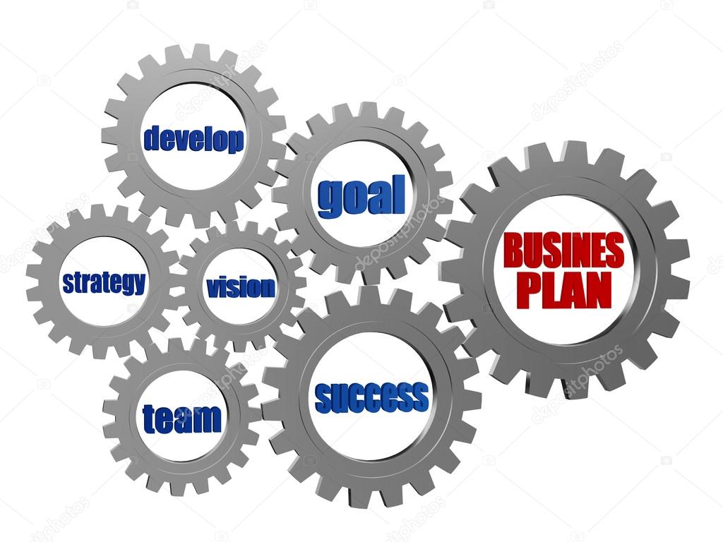 business plan and concept words in silver grey gearwheels