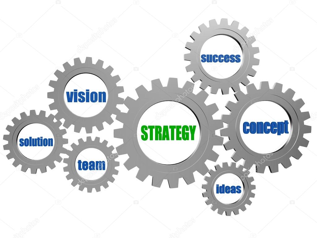 strategy and business concept words in silver grey gearwheels