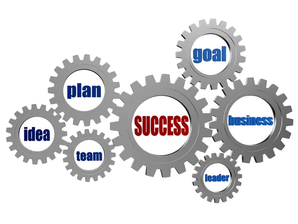 Success and business concept words in silver grey gearwheels — Stock Photo, Image