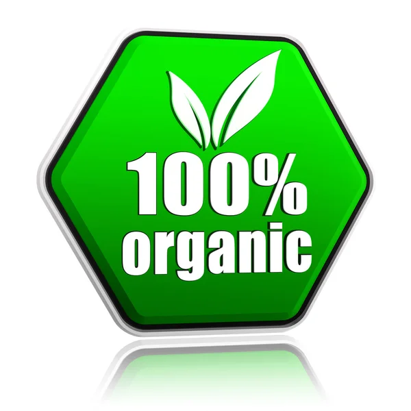 100 percentages organic with leaf sign in green button — Stock Photo, Image
