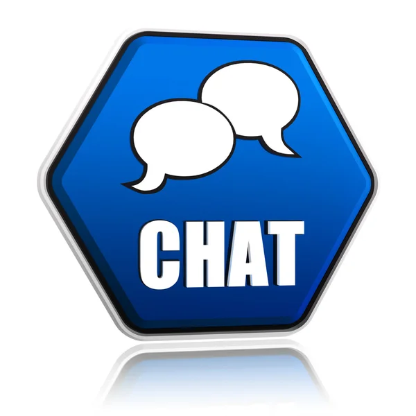 Chat met spraak bubbels teken in blauwe zeshoek knop — Stockfoto