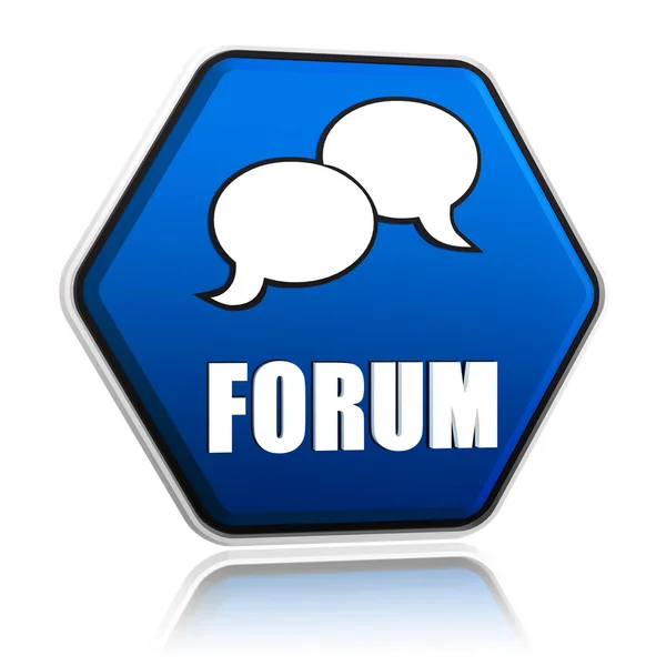 Forum with speech bubbles sign in blue hexagon button — Stock Photo, Image