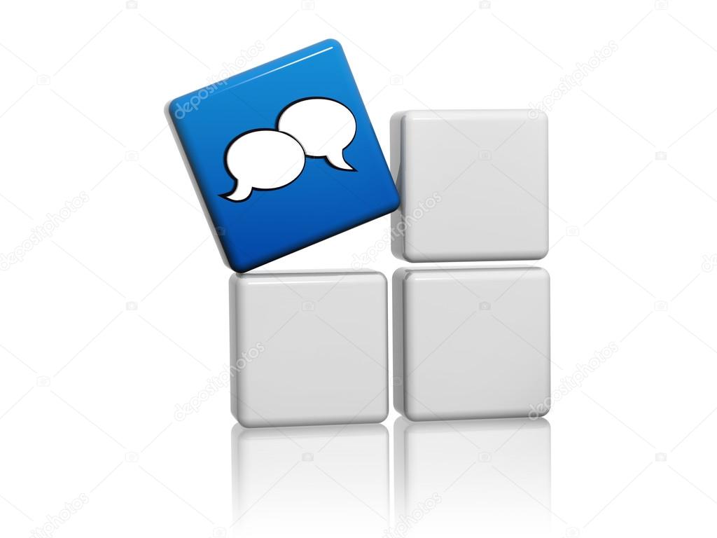 speech bubbles sign in blue cube over grey boxes