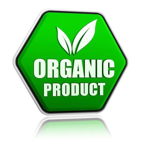 Producto orgánico con signo de hoja en botón verde — Foto de Stock