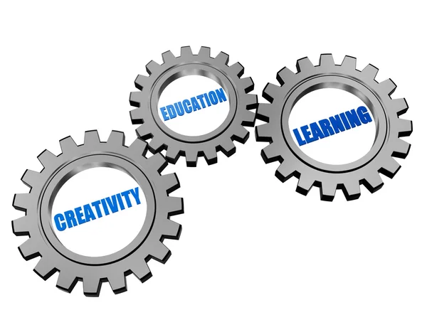 Creativity, education, learning in silver grey gears — Stock Photo, Image