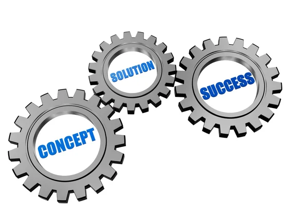 Concept, solution, success in silver grey gears — Stock Photo, Image