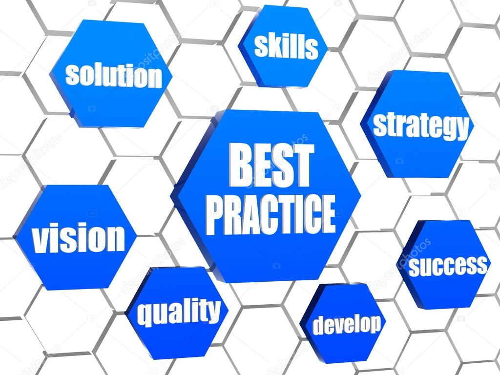 best practice and business concept words in blue hexagons