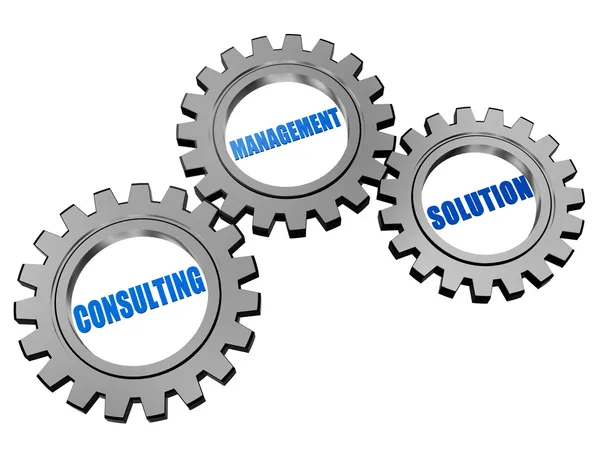 Consulting, management, solution in silver grey gears — Stock Photo, Image