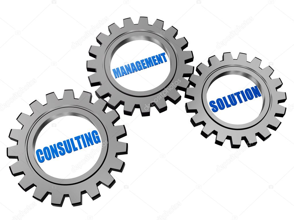consulting, management, solution in silver grey gears
