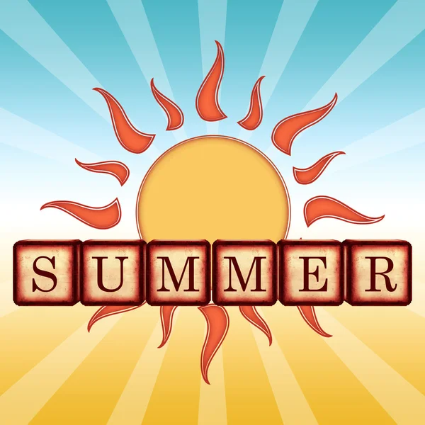 Yaz aylarında tahta küpler, güneş ışınları ile retro etiket — Stok fotoğraf