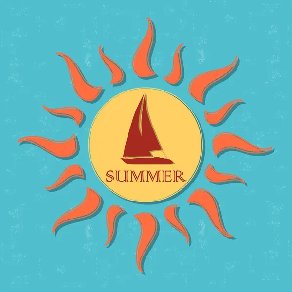 Retro sommar etikett med sol, strålar och båt — Stockfoto