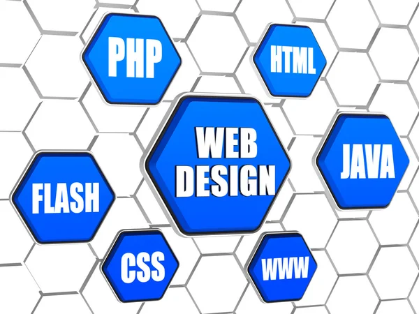 Web design - nuvem de palavras em hexágonos azuis — Fotografia de Stock
