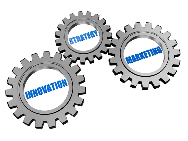 Innovación, estrategia, marketing en engranajes plateados — Foto de Stock