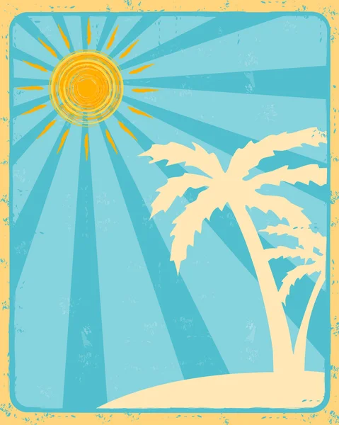 Etiqueta retro de verano con sol, rayos y palmas —  Fotos de Stock