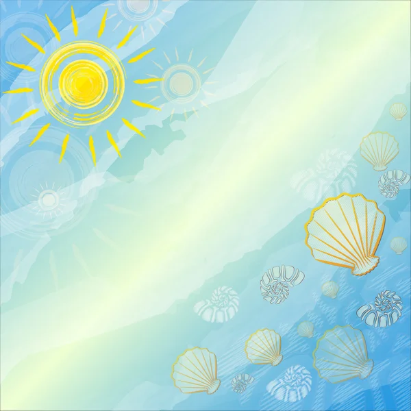Blauer Sommerhintergrund mit Sonnen und Muscheln — Stockfoto