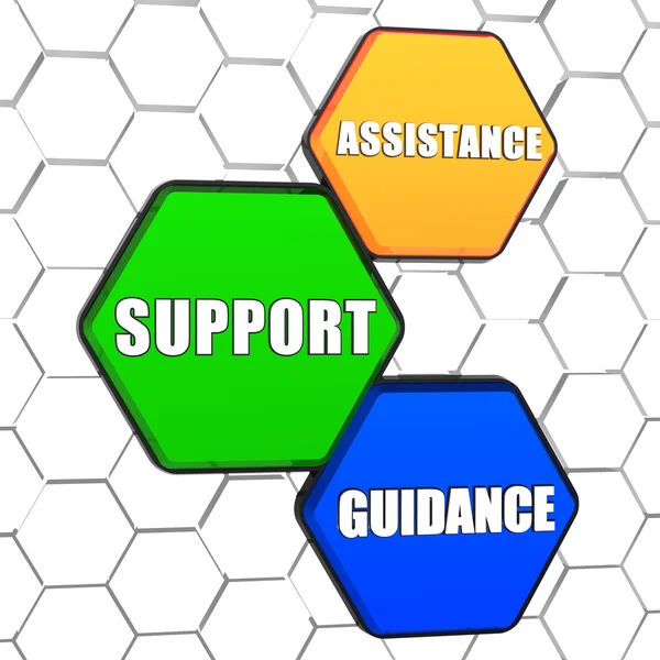 Assistance, support, guidance in colorful hexagons — Stock Photo, Image